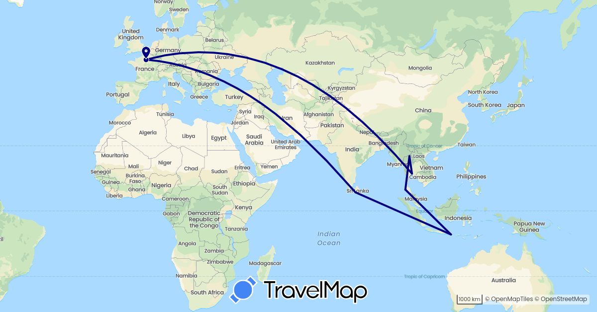 TravelMap itinerary: driving in France, Indonesia, Sri Lanka, Thailand (Asia, Europe)